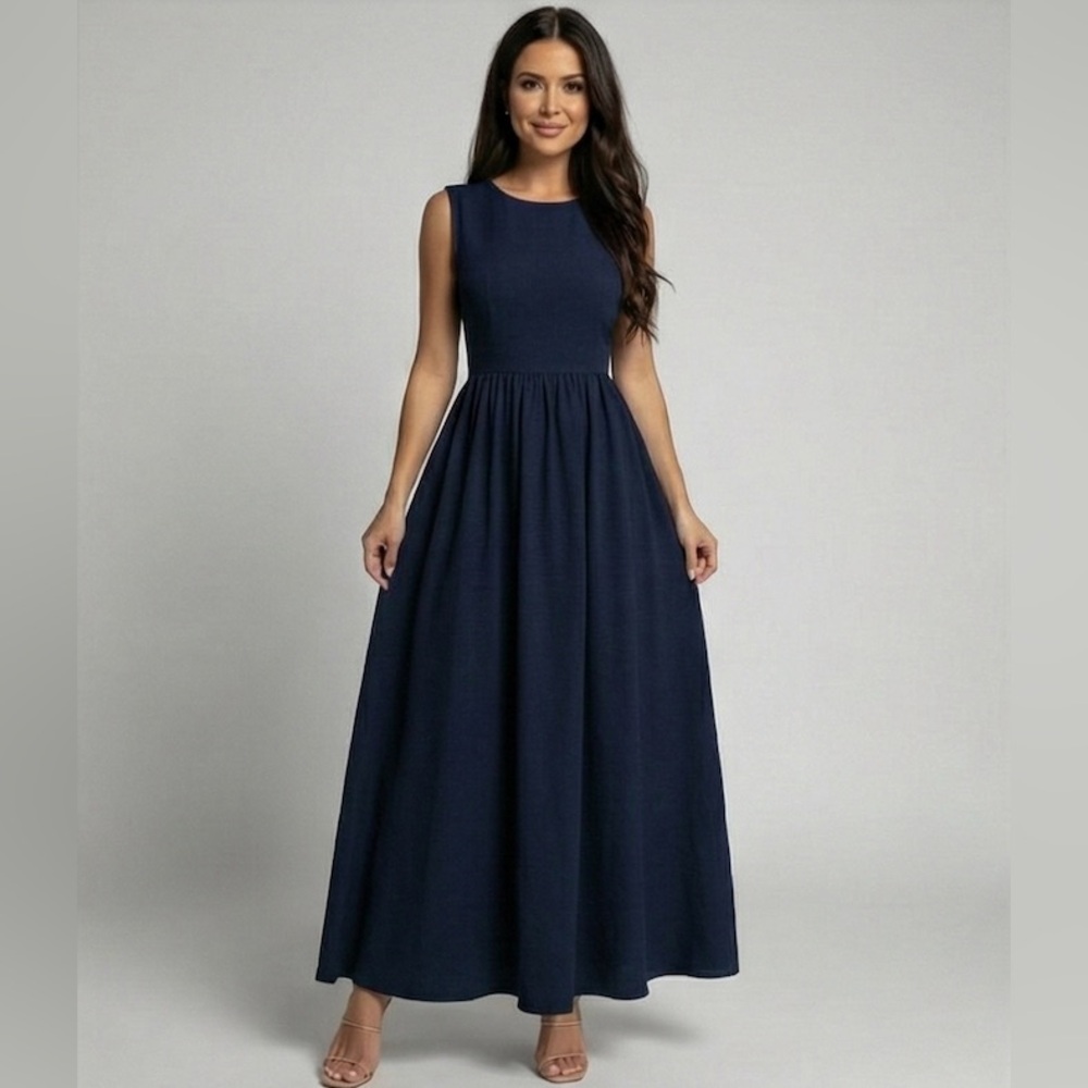 Gathered-Waist A-Line Maxi Dress With Pockets Blue - Picture 1 of 7